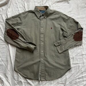 Ralph Lauren Khaki Button-Down Shirt with Suede Elbow Patches